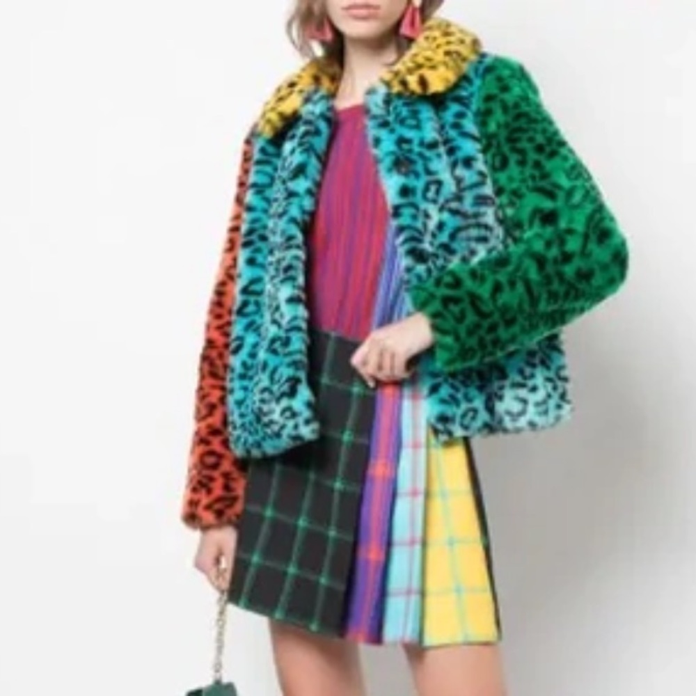 Alice & Olivia- Milticolored Jerri Color Block Faux Fur Leopard Jacket